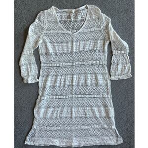 Soma Coverup Mini Dress Medium Crochet Open Knit Sheer Long Sleeve White Beach